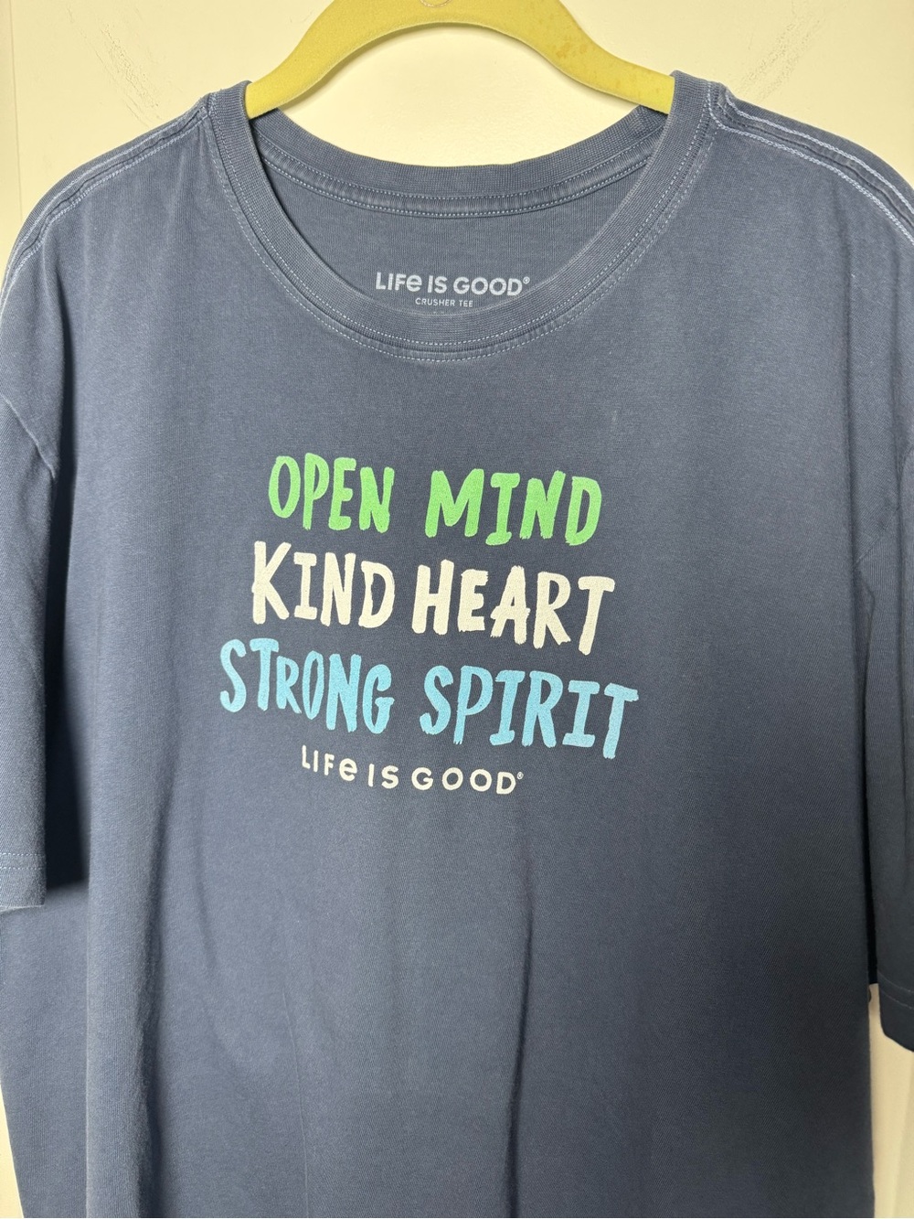 Life Is Good Men’s XL Crusher Tee Open Mind Kind Heart Blue